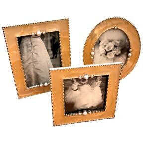 Trio of small photo frames (3) matching set cream enamel standing desktop style